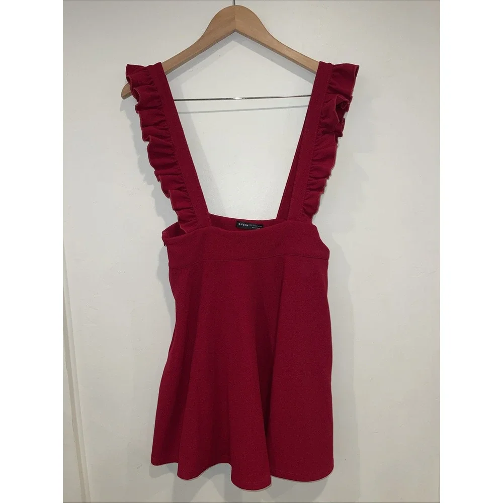 Wine Red Fit &‎ Flare Pinafore Mini Skirt Kawaii Ruffle Straps Sz L Overall